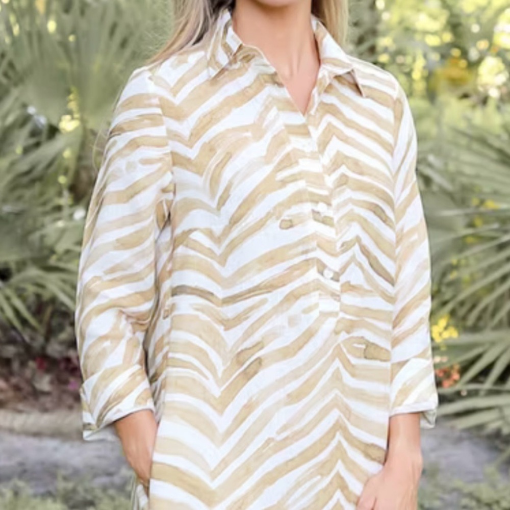iLinen 100% Linen Quiet Luxury Beige Zebra Print Button Front Shirt Jacket XS